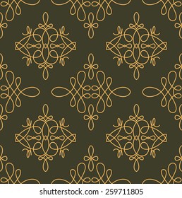 Rich decorated calligraphic outlined stroke seamless pattern in dark and gold gamma. Pattern number 1.