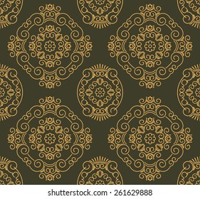 Rich decorated calligraphic outlined stroke seamless pattern in dark and gold gamma. Pattern number 10. 