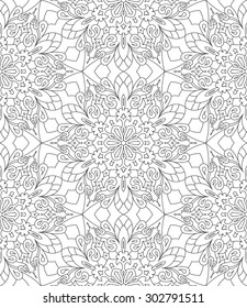 Rich decorated calligraphic outlined stroke monochrome seamless pattern. Vector ornate floral design.