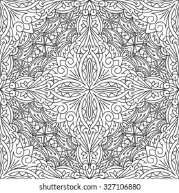 Rich decorated calligraphic outlined stroke monochrome seamless pattern. Vector ornate floral design.