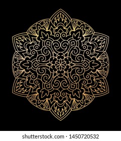 Rich decorated gold mandala on a black background.