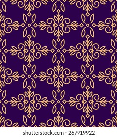 Rich decorated mono line style vector seamless pattern in gold and dark violet gamma