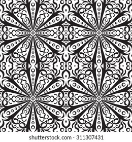 Rich decorated monochrome seamless pattern. Vector ornate floral design.