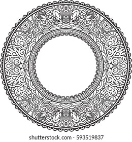 Rich decorated round frame pattern. Vector decorative background in ethnic Indian style for coloring book, design of textile, bags, product packaging, brochures, flyers.