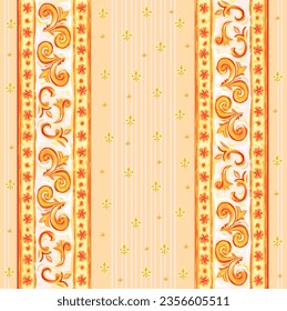 Rich decorated seamless pattern. Luxury mural wallpaper. Royal golden striped ornament decoration. Print for design, fabric, banner, embroidery. Beautiful ornate background. Vector illustration.