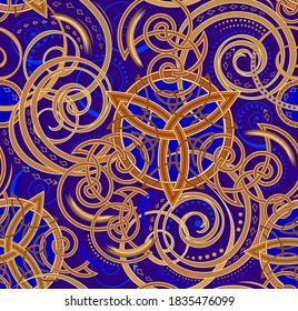 Rich decorated seamless pattern ornament. Fantastic royal medieval elements. Old trickle spiral symbols and Celtic knot motives. Ethnic print ornate for wall-paper and textile. Beautiful background.