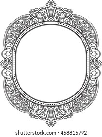 Rich decorated unusual oval frame pattern. Vector decorative background in ethnic Indian style for coloring book, design of textile, bags, product packaging, brochures, flyers.