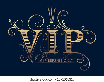 Rich decorated VIP membership only gold card with crown on a dark blue background.