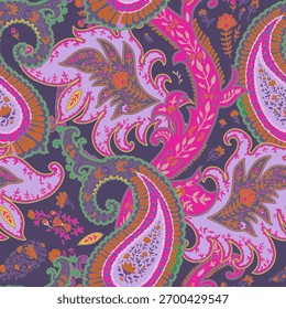 Patrón de Vector paisley decorativo rico con formas botánicas estilizadas audaces y contrastes de color expresivos. Adecuado para prendas textiles, accesorios, decoración del hogar y proyectos de impresión de declaración.