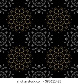Rich delicate sumptuous seamless background pattern with golden and silver contour stylized flowers isolated on the black fond. Vector illustration eps