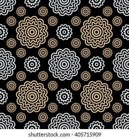 Rich delicate sumptuous seamless background pattern with golden and silver contour stylized flowers isolated on the black fond. Vector illustration eps