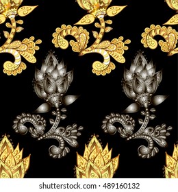Rich delicate sumptuous seamless background pattern with golden and silver contour stylized flowers isolated on the black fond. Vector illustration