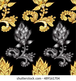 Rich delicate sumptuous seamless background pattern with golden and silver contour stylized flowers isolated on the black fond. Vector illustration