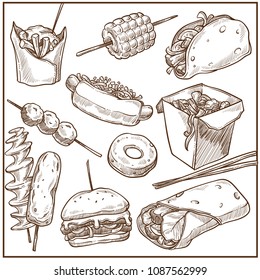 Ricos y deliciosos platos de comida rápida gran colección monocromática