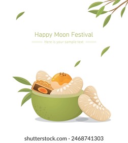 Rich and delicious pomelo and mooncakes, Chinese meringue and egg yolk desserts, traditional food and fruits, vector illustration material for Mid-Autumn Festival