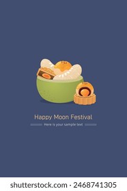 Rich and delicious pomelo and mooncakes, Chinese pastry and egg yolk desserts, traditional food, Mid-Autumn Festival vector illustration material