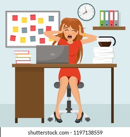 Rich desperate business woman with stress at work vector graphic flat design