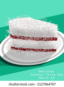 a rich dessert sliced cake featuring the decadent flavor of coconut and decorated with it served on white plate, National Coconut Torte Day March 13