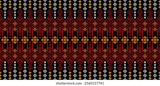 a rich, detailed textile with a distinct traditional or ethnic character. Against a black background, the image features repeating rows of geometric figures, primarily diamonds and crosses, 