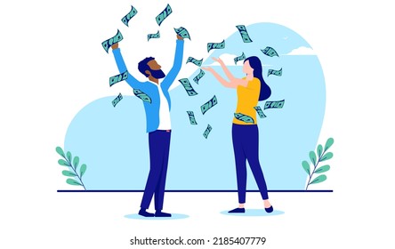 Rich Diverse Man And Woman - Two People Cheering And Celebrating Income And Investment Cash. Flat Design Vector Illustration With White Background