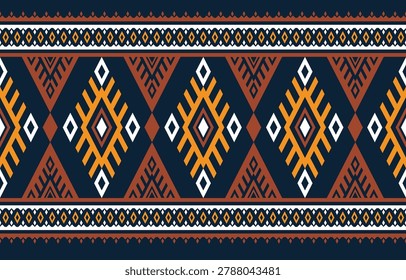 Rich and dramatic multi-color ethnic geometric seamless pattern set against a deep navy blue background, featuring vibrant amber gold, warm terracotta brown, and crisp white accents in a bold, jewel-toned composition. The wide central field showcases large interlocking chevron and zigzag motifs with nested diamond and arrowhead shapes in bilateral symmetry — the amber gold elements commanding immediate visual attention while terracotta adds warmth and white diamonds provide luminous focal points. Refined border bands in navy, amber, terracotta, and white frame the composition with intricate small diamond repeat details.

This premium multi-color version draws from Aztec, Navajo, Persian kilim, and Southeast Asian ikat weaving traditions — delivering the richness of a hand-woven heritage textile in a seamlessly repeating digital format. Ideal for high-end fabric printing, luxury fashion apparel, statement home textiles, premium packaging, hotel and resort décor, and editorial design. The dark navy base makes this colorway especially powerful for autumn and winter collections, night-market festival fashion, and upscale bohemian interiors. The seamless repeat tiles flawlessly across any canvas size.