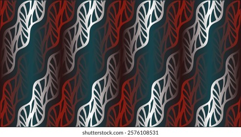 A rich and dramatic pattern featuring wavy, leaf-like shapes in shades of red, white, and dark teal. The high contrast between the colors lends a sophisticated and dynamic vibe