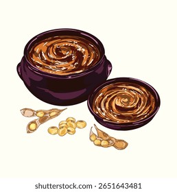 Rico e terra coreano doenjang pasta com soja inteira em uma tigela de barro tradicional. Perfeito para ilustrações de culinária asiática, designs de receitas, embalagens e blogs gastronômicos.