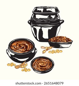 Rich and earthy Korean doenjang paste with whole soybeans in a traditional clay bowl. Perfect for Asian cuisine illustrations, recipe designs, packaging, and food blogs.