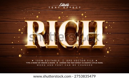 Rich Editable Text Effect Vector Graphic Style with Golden Framed White 3D Typography Lettering and Shadow on Vintage Wood Background. Premium Scalable Luxury Illustration Template for Greeting Card, Flyer, Banner, Celebration Poster or Party Invitation