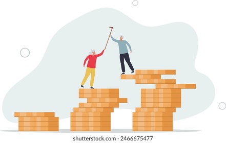 rich elderly couple old man and woman walking on stack of growth money coins saving.flat vector illustration.