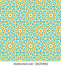 Rich, elegant colorful pattern with big abstract flowers. Floral background with arabic, indian, moroccan, eastern ethnic motif. Geometric print with stars, mandalas and stylized leaves drawn in lines