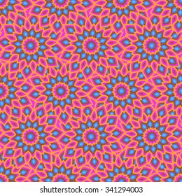 Rich, elegant colorful pattern with big abstract flowers. Floral background with arabic, indian, moroccan, eastern ethnic motif. Geometric print with stars, mandalas and stylized leaves drawn in lines