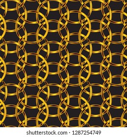 rich elegant interconnected circles with golden metallic gradient colors over black background. for decor, wallpaper, textile, fabric, backgrounds and backdrops. the tile is seamless