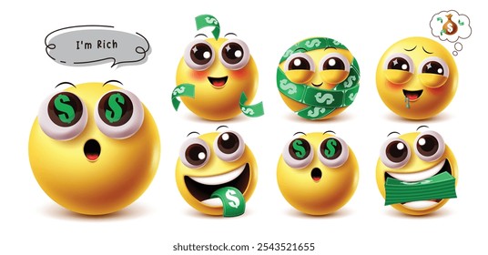 Conjunto de personajes de Vector de emojis ricos. Emojis ricos, prósperos, lujosos, desbordantes, expresiones faciales obsesionadas con el dinero Elementos de diseño de dólares en fondo blanco. Emoji rico en Ilustración vectorial 