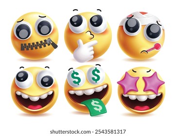 Conjunto de personajes de Vector de emoji rico. Emojis carácter Clipart con expresión facial como tonto, pensamiento, fiebre, sonrisa tonta, Elementos de Diseño gráfico de ojos ricos y estrellas. Emojis ricos en Ilustración vectorial