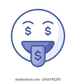 Diseño de Vector de emoji rico, expresiones codiciosas, signo de dólar en la lengua