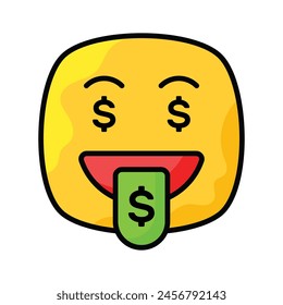 Diseño de Vector de emoji rico, expresiones codiciosas, signo de dólar en la lengua