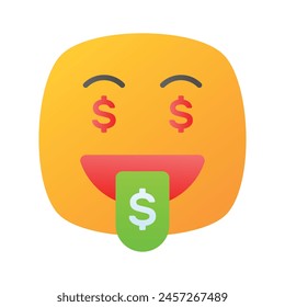Diseño de Vector de emoji rico, expresiones codiciosas, signo de dólar en la lengua