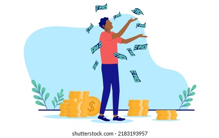 Rich ethnic man - Black person in casual clothing making money and having financial success. Flat design vector illustration with white background