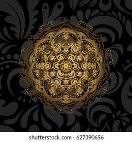 Rich ethnic striped seamless pattern geometric design. Mandala style. Golden mandala on black background. Vector illustration.