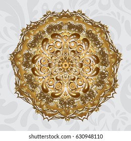 Rich ethnic striped seamless pattern geometric design. Mandala style. Golden mandala on gray background. Vector illustration.