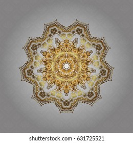 Rich ethnic striped seamless pattern geometric design. Vector illustration. Mandala style. Golden mandala on gray background.