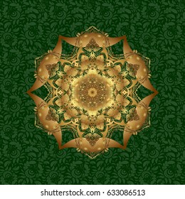 Rich ethnic striped seamless pattern geometric design. Mandala style. Golden mandala on green background. Vector illustration.