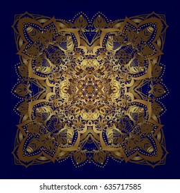 Rich ethnic striped seamless pattern geometric design. Mandala style. Golden mandala on blue background. Vector illustration.