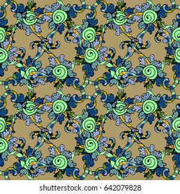 Rich ethnic striped seamless pattern geometric design. Colored mandala on blue background. Vector illustration. Mandala style.