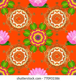 Rich ethnic striped seamless pattern geometric design. Mandala style. Colored mandala on orange, green and brown colors. Vector illustration.