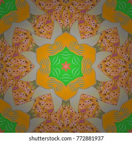 Rich ethnic striped seamless pattern geometric design. Mandala style. Colored mandala on yellow, orange and gray colors. Vector illustration.