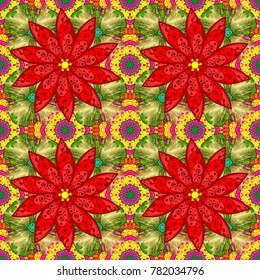 Rich ethnic striped seamless pattern geometric design. Colored mandala on red, yellow and green colors. Vector illustration. Mandala style.