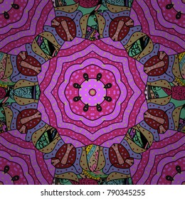 Rich ethnic striped seamless pattern geometric design. Colored mandala on violet, pink and black colors. Vector illustration. Mandala style.