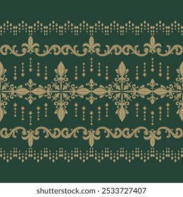 Frontera rica y costosa con lujo y riqueza estilo Fleur de lis diseño victoriano. Ornamento de oro sobre fondo verde real. Ilustración vectorial para Textil Elegante. Dinastía china Moda, Emperador